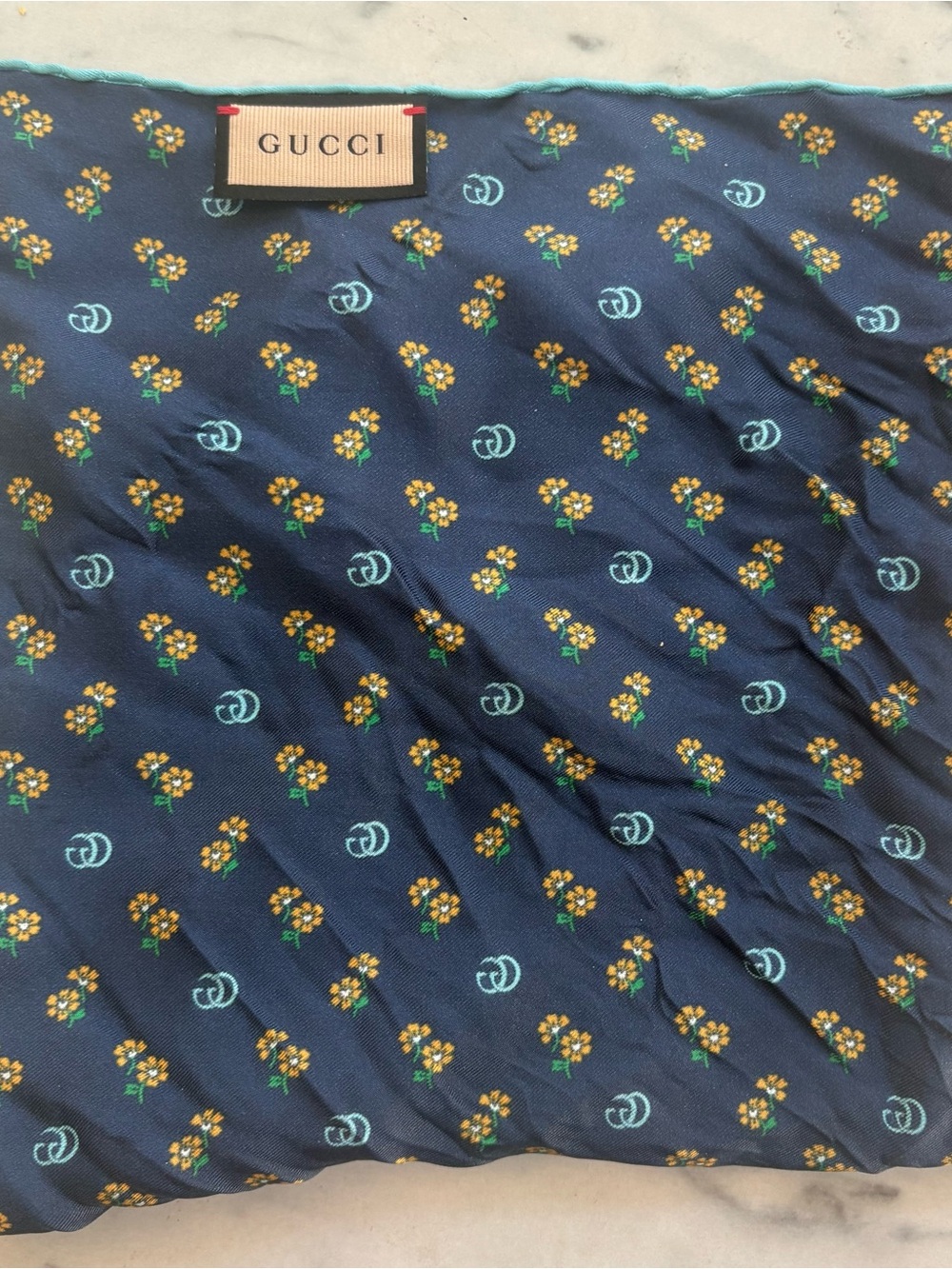Gucci Navy Blue Silk Floral Scarf with Aqua Edge